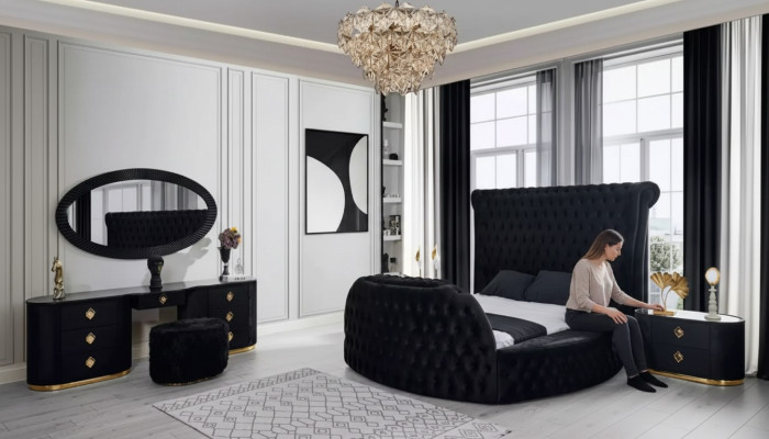 Schlafzimmer schwarz Set Bett 2x Nachttische Schminktisch Chesterfield 5tlg