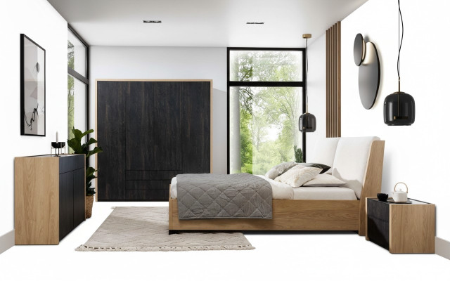 Schlafzimmer Set Beige Bett 2x Nachttische Kommode Kleiderschrank Modern 5tlg.