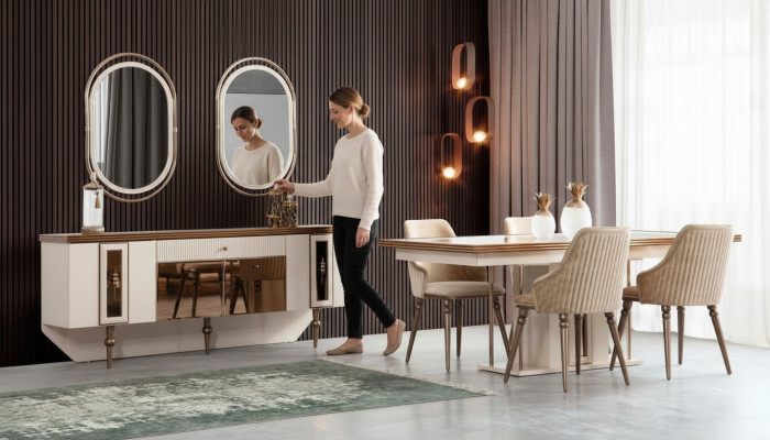 Luxus Esszimmer Set Kommode Sideboard Tisch 4x Stuhl Garnitur 8tlg