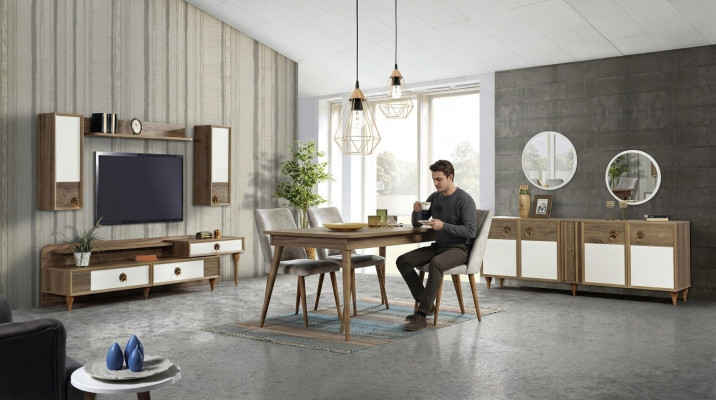 Esszimmer Set Tisch 4x Stühle Anrichte Set Garnitur Design Holz Textil
