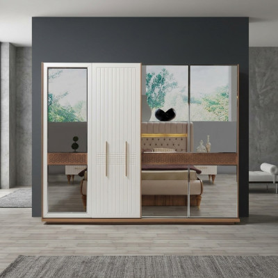 Schlafzimmer Luxus Kleiderschrank Holz mit Glas Design Modern neu