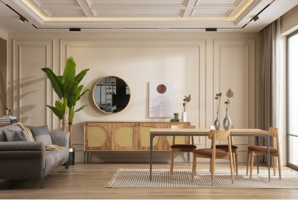Esszimmer Set Holz Esstisch Garnitur Tisch Sideboard Spiegel 4x Stühle 7tlg.