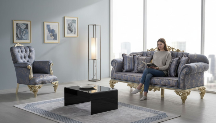 Sofa 3 Sitzer Textil Sessel Couch Polster Möbel 3+1 Dreisitzer Blau