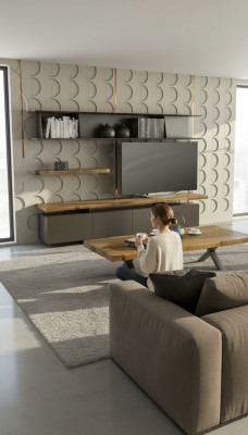 Moderner TV Ständer Mit Wandregalen Luxus Aufbewahrungsschränke Walnuss natur