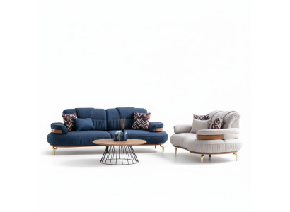 Moderne Sofagarnitur 3+3 Wohnlandschaft Beige Blaue Sitzgarnituren Stoffsofa