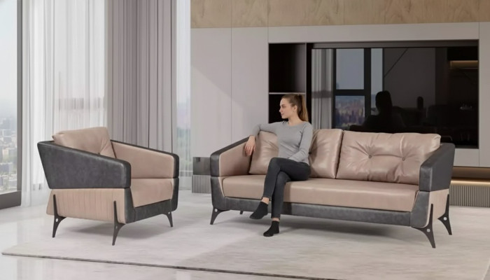 Luxus Sofagarnitur Sofa Beige Arbeitszimmer Sessel Dreisitzer Sitzer 