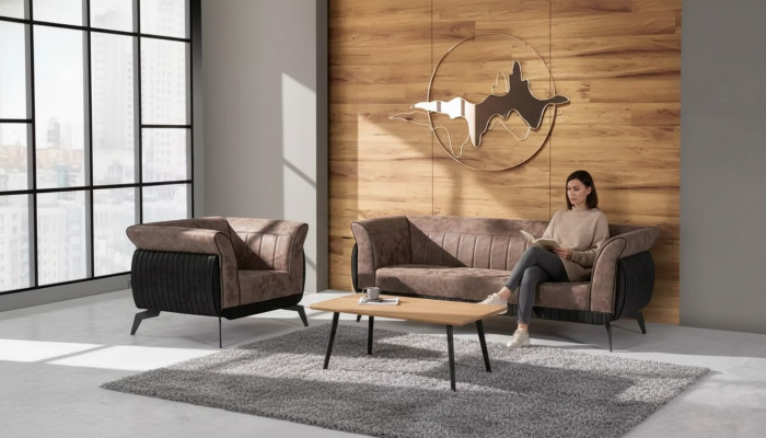 Braune Sofagarnitur Dreisitzer Sessel Arbeitszimmermöbel Couch Set 2 tlg