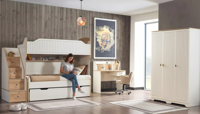 Kinderzimmer Etagenbett Hochbett Set Schreibtisch Kleiderschrank 3tlg.