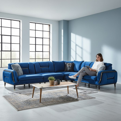 Blaues L-Form Polstersofa Designer Eckcouch Textil Bezug Wohn Sitzmöbel
