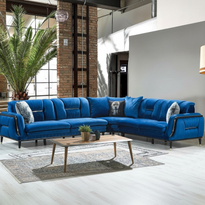 Blaues L-Form Polstersofa Designer Eckcouch Textil Bezug Wohn Sitzmöbel