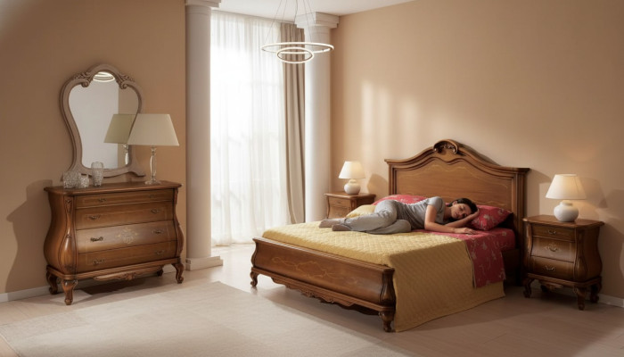 Braunes Schlafzimmer Set Bett 2x Nachttische Kommode Spiegel Klassisch