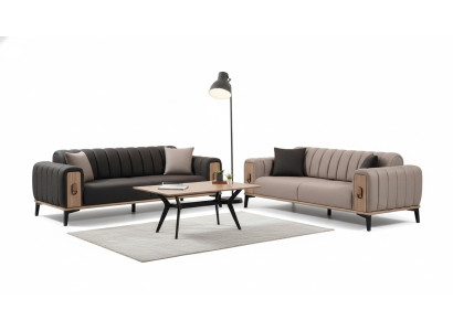 Braune Couchgarnitur 2x Dreisitzer Luxus Set Möbel Sofas Couchen Holzgestell