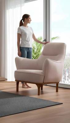 Moderner Sessel Cocktailsessel Ohrensessel Designer Möbel Beige Holzmöbel