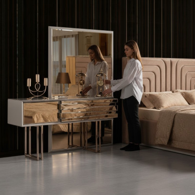 Schminktisch Konsolentisch Frisiertisch Frisierkommode Holz Beige Gold