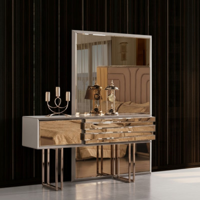 Schminktisch Konsolentisch Frisiertisch Frisierkommode Holz Beige Gold