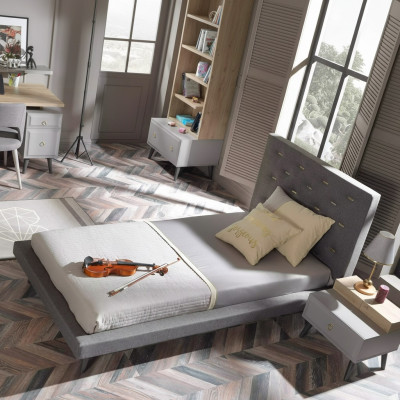 Kinderzimmer Garnitur Jugendbett Nachttisch Bett Holz Grau 100 cm 2tlg