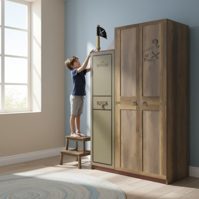 Pirat Holzschrank Luxus Kleiderschrank Schrank Kinder Holz Braun 3 Tür