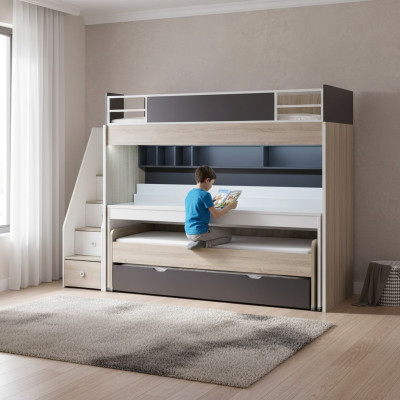 Luxus Etagenbett Bett 3 Schlafplätze Multifunktionsbett Holz Hochbett Holz