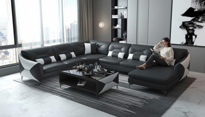 Groß Wohnlandschaft Sofa U Form Ecksofa Ledersofa Schwarz Kunstleder