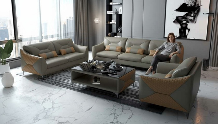Garnitur Sofagarnitur Couchgarnitur 321 Sitzer Ledersofa Couch Grau