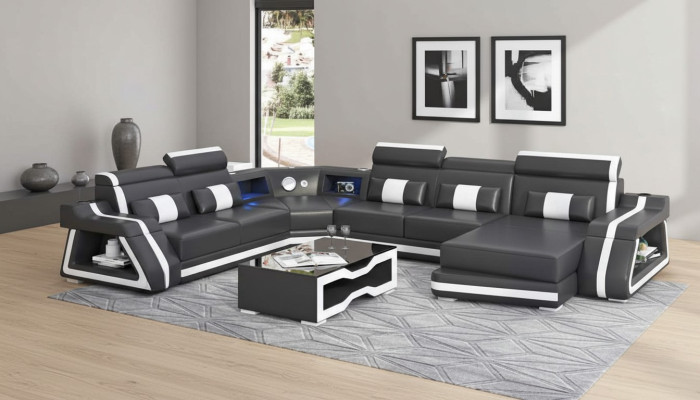 Groß Ecksofa Wohnlandschaft XXL Sofa U Form Ledersofa Schwarz Sofas