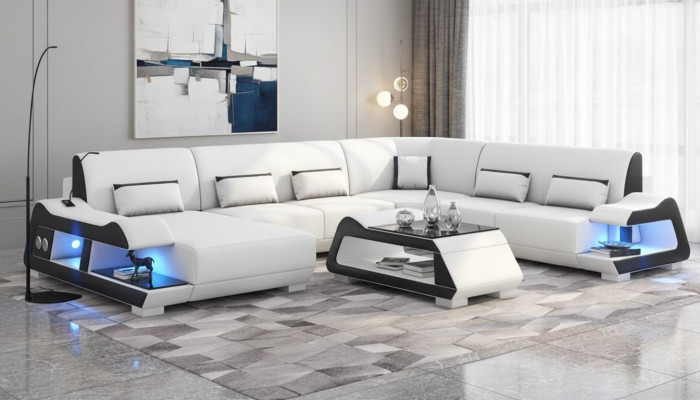 Großes Sofa Wohnlandschaft XXL U Form Ecksofa Ledersofa Weiß Sofas