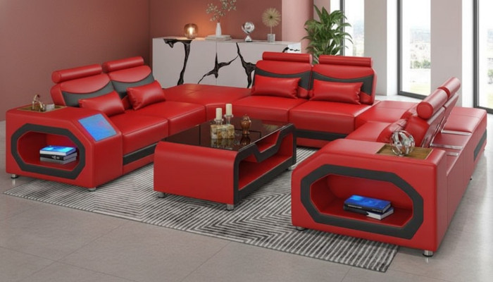 Design Wohnlandschaft Großes Sofa XXL U Form Ecksofa Ledersofa Rot LED