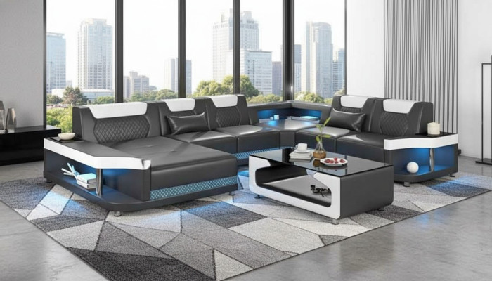 Großes Sofa Wohnlandschaft LED XXL U Form Ecksofa Ledersofa Schwarz