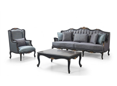 Chesterfield Sofagarnitur Dreisitzer Sessel Stoff Couchtisch Blau Neu