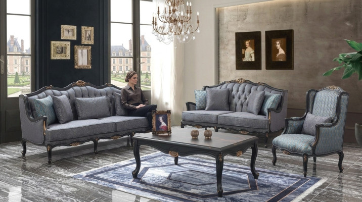 Sofa Sofagarnitur Couch Stoffsofa Polstersofa Grau Chesterfield Set