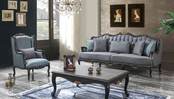 Sofa Sofagarnitur Couch Stoffsofa Polstersofa Grau Chesterfield Set