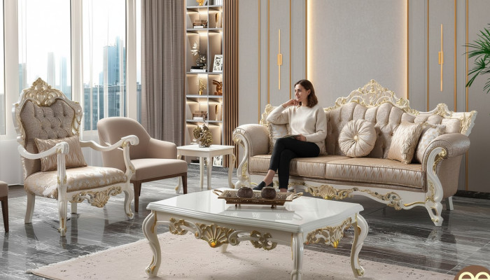 Couchgarnitur Garnitur Polstersofa Chesterfield Luxus Stoff Sofa Beige