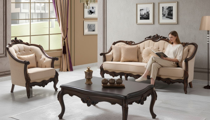 Polstersofa Sofa Sofagarnitur Couch Stoffsofa Beige Chesterfield Set