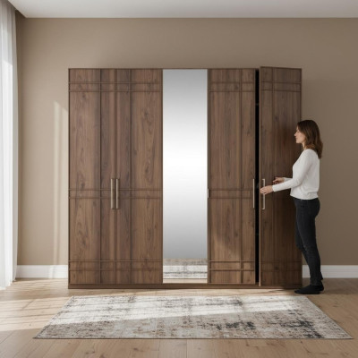 Schrank Kleiderschrank Schlafzimmerschrank Braun Holz Spiegel 5 Türen