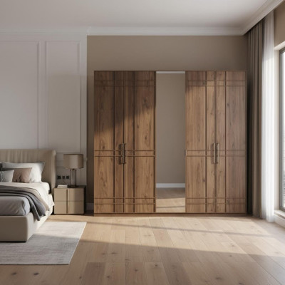 Schrank Kleiderschrank Schlafzimmerschrank Braun Holz Spiegel 5 Türen