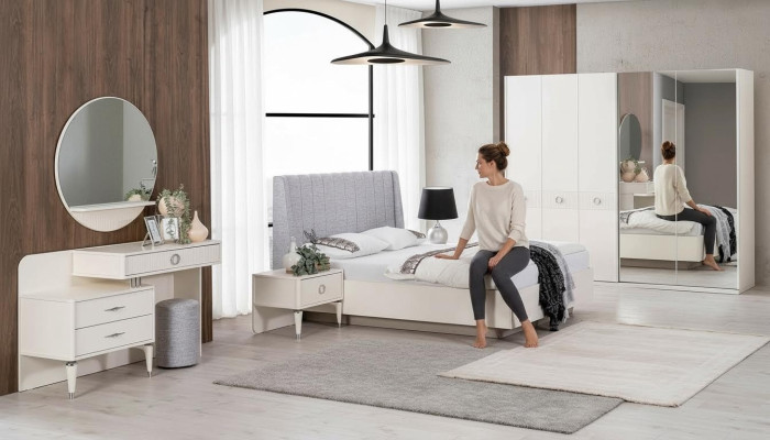 Garnitur Doppelbett Bettrahmen Stoff Schlafzimmer Weiß Holz Set 7tlg