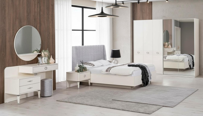 Garnitur Doppelbett Bettrahmen Stoff Schlafzimmer Weiß Holz Set 7tlg