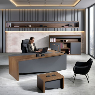 Klassische Komplette Arbeitszimmermöbel Grau Eckbürotisch 3tlg Holz