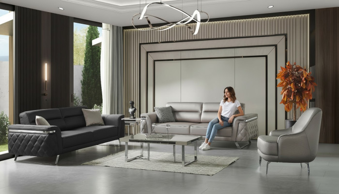 Luxus Sofagarnitur Dreisitzer Sessel Stoffsofa Grau Polstersofa Sofas
