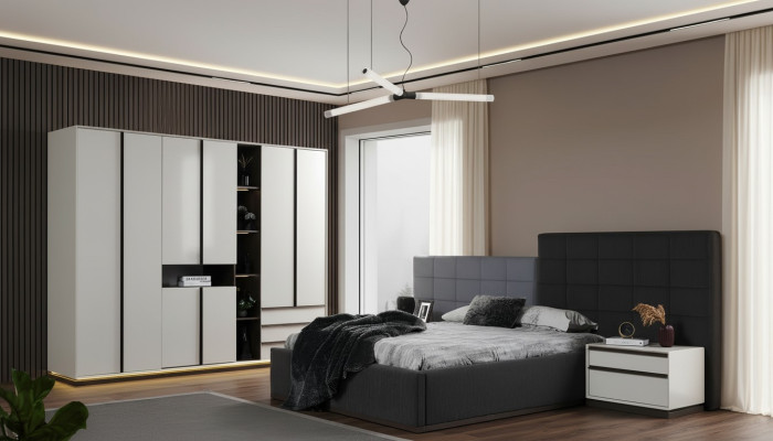 Garnitur Doppelbett Schlafzimmer Bett Nachttische 4tlg Grau Schranke
