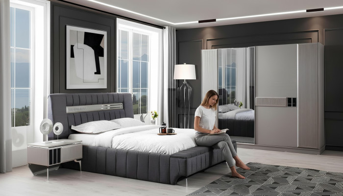 Schlafzimmer Garnitur Doppelbett Bett Nachttische 4tlg Grau Schrank