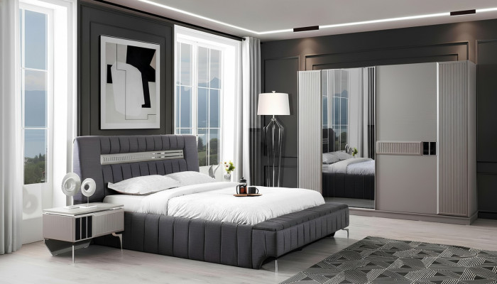 Schlafzimmer Garnitur Doppelbett Bett Nachttische 4tlg Grau Schrank