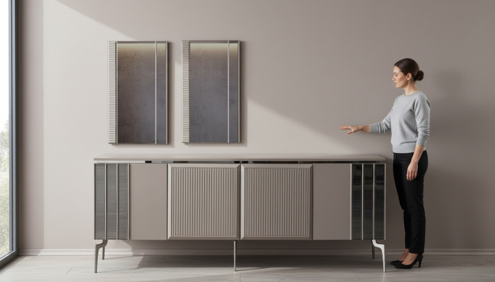 Garnitur Sideboard mit Spiegel Schrank Anrichte Grau Kommode Holz