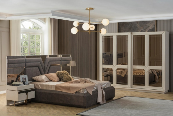 Garnitur Schlafzimmer Doppelbett Bett Nachttische 4tlg Grau Schrank