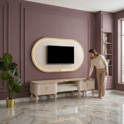 Moderne Beige Wohnwand Garnitur Designer RTV-Lowboard Wandpanel 2tlg