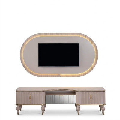 Moderne Beige Wohnwand Garnitur Designer RTV-Lowboard Wandpanel 2tlg