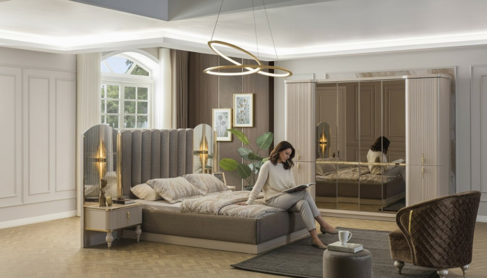 Luxuriöses Schlafzimmer Designer Doppelbett Kleiderschrank Nachttische