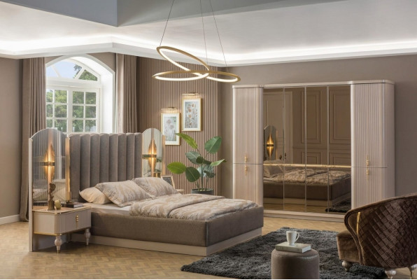 Luxuriöses Schlafzimmer Designer Doppelbett Kleiderschrank Nachttische