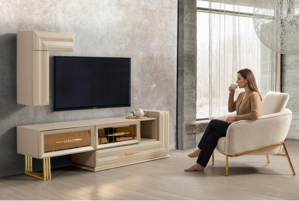 Wohnwand RTV Lowboard Sideboard TV Ständer Wandschrank Beige Moderne