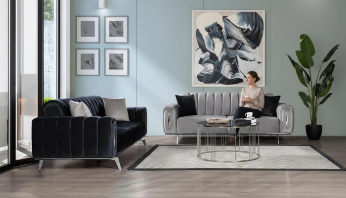 Komplette Edelstahl Dreisitzer Moderne Stoffsofas Polstercouchen 2tlg